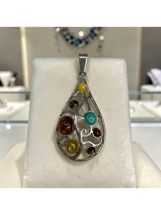 Unbranded Jewelry - Teardrop Sterling Silver Pendant W/ Multi-Color Amber Stones & Turquoise Accent